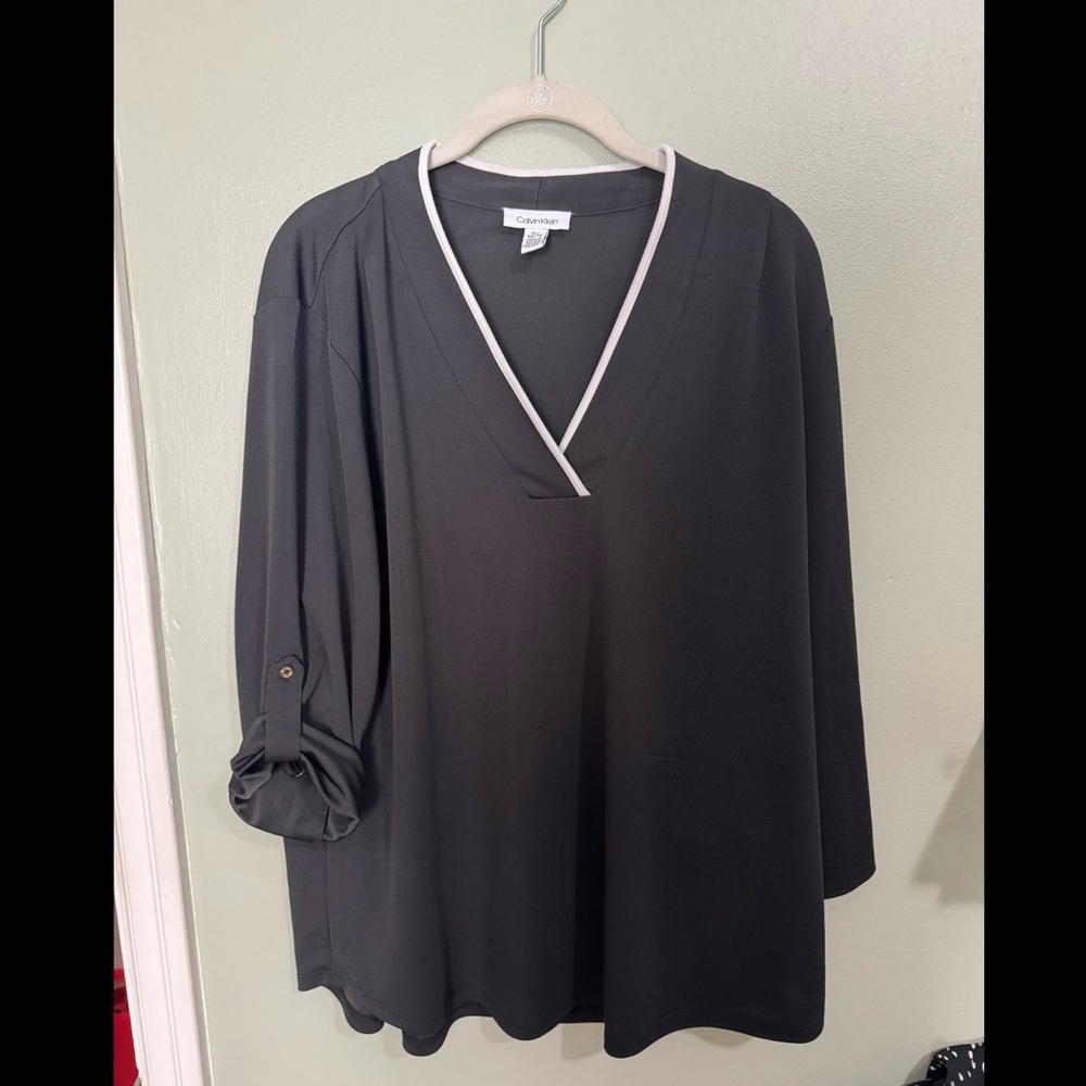 Calvin Klein Black V-Neck Blouse with White Trim